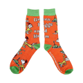 Close-up of a pair of orange crew socks showcasing characters and text from Green Eggs and Ham.