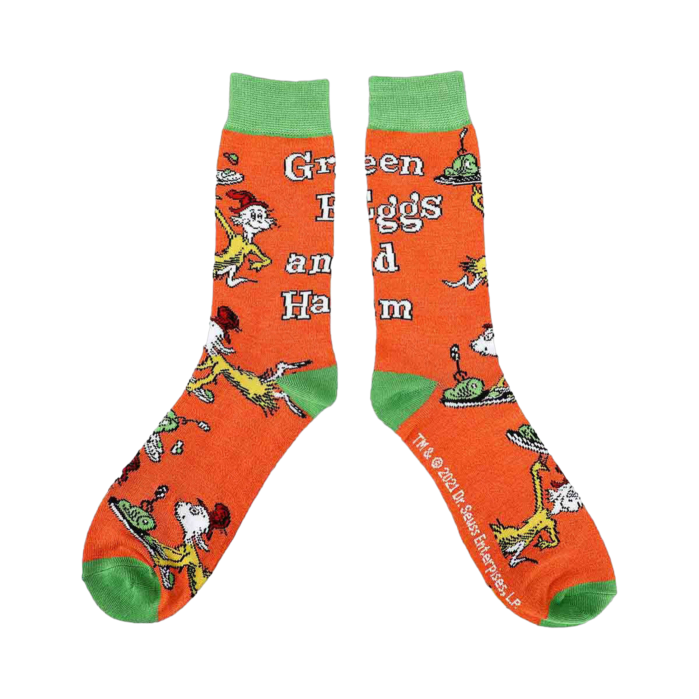 Close-up of a pair of orange crew socks showcasing characters and text from Green Eggs and Ham.