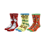 Three pairs of crew socks featuring Dr. Seuss characters. The Cat in the Hat is on red socks, fish are on yellow socks, and Green Eggs and Ham characters are on orange socks.