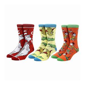  dr. suess 3 pack socks for men with cat in the hat, grinch, and thing 1 & thing 2.    