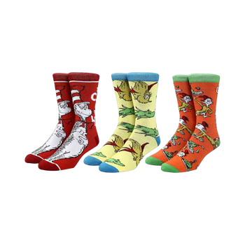 Three pairs of crew socks featuring Dr. Seuss characters. The Cat in the Hat is on red socks, fish are on yellow socks, and Green Eggs and Ham characters are on orange socks.