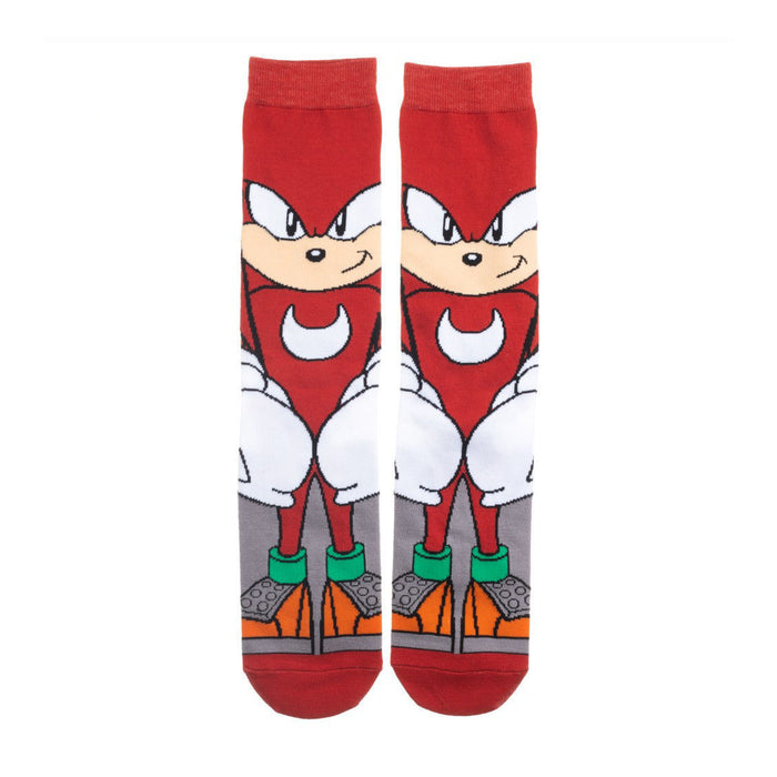 A pair of red socks with the face of Knuckles the Echidna from the Sonic the Hedgehog video game series.