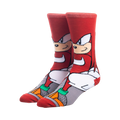 Pair of red crew socks featuring Knuckles the Echidna from Sonic the Hedgehog.  The design includes Knuckles' face and body, with grey and teal accents.