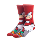 Pair of red crew socks featuring Knuckles the Echidna from Sonic the Hedgehog.  The design includes Knuckles' face and body, with grey and teal accents.