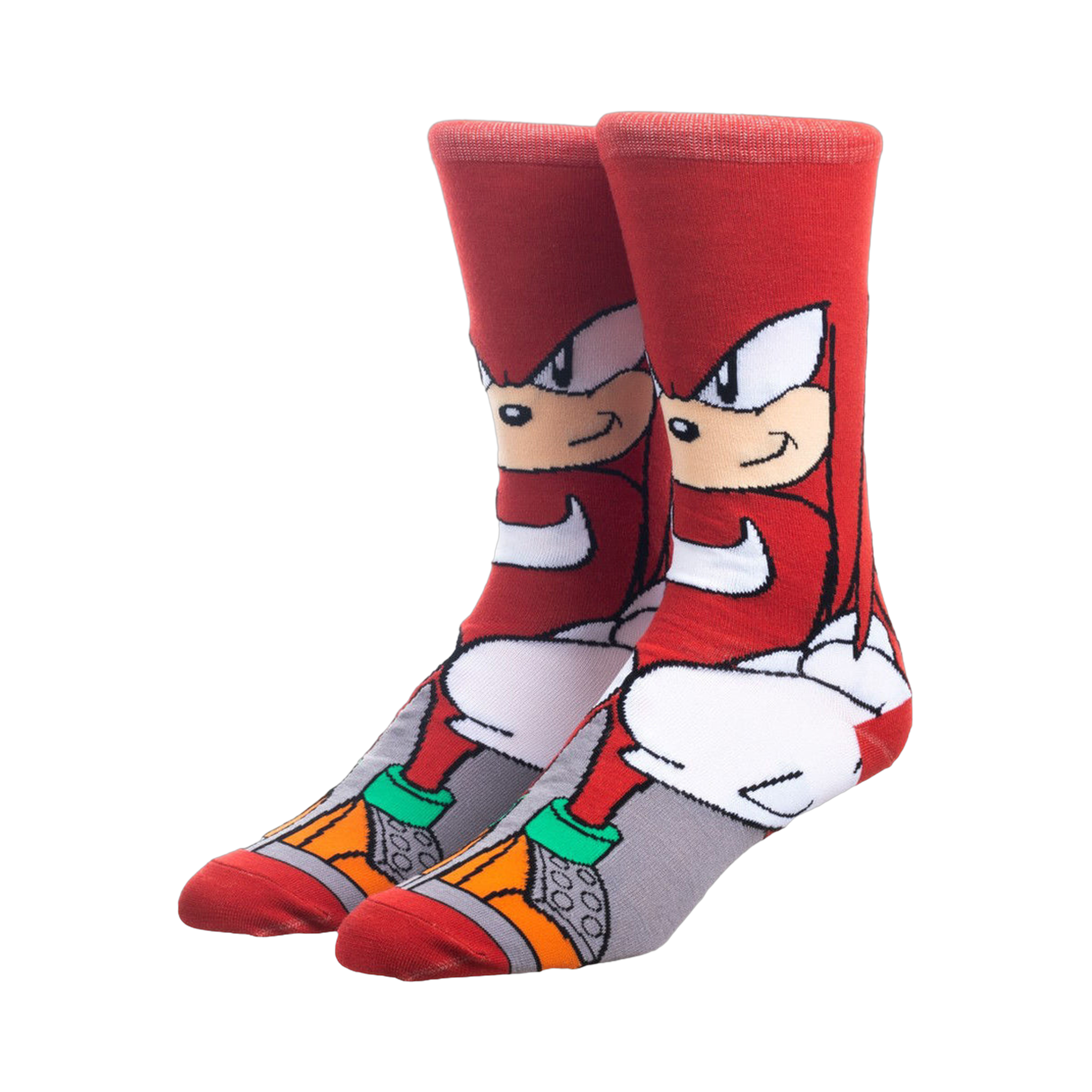 Pair of red crew socks featuring Knuckles the Echidna from Sonic the Hedgehog.  The design includes Knuckles' face and body, with grey and teal accents.