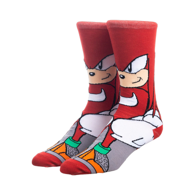 Pair of red crew socks featuring Knuckles the Echidna from Sonic the Hedgehog.  The design includes Knuckles' face and body, with grey and teal accents.