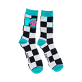 Flat lay product shot of a pair of MTV logo checkered socks.  Shows the teal cuffs clearly.