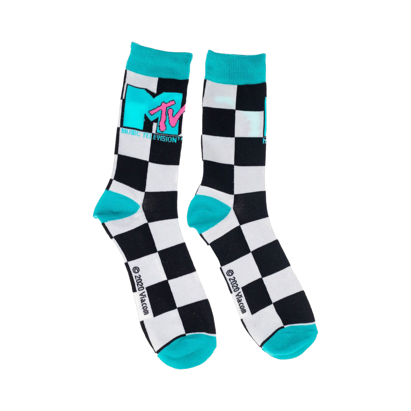 Flat lay product shot of a pair of MTV logo checkered socks.  Shows the teal cuffs clearly.