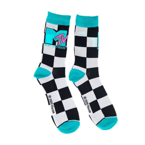 A pair of black and white checkerboard socks with the MTV logo in pink and blue.