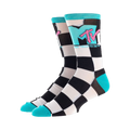 Pair of crew socks in black, white, and teal. Features a checkered pattern and the MTV logo.