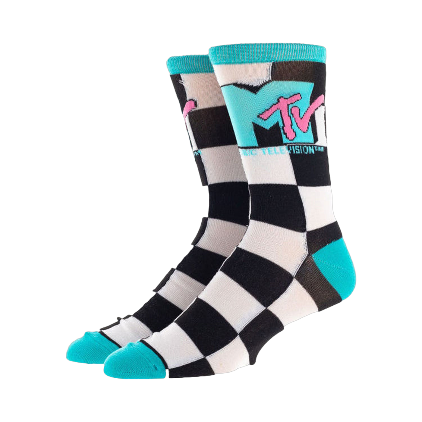 Pair of crew socks in black, white, and teal. Features a checkered pattern and the MTV logo.