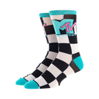 Pair of crew socks in black, white, and teal. Features a checkered pattern and the MTV logo.