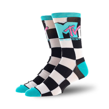 black, white, and blue checkered socks with pink and blue mtv logo on one side. crew length; men.  