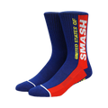 Pair of blue crew socks with a red and yellow 'United States of Smash' graphic. All Might themed.