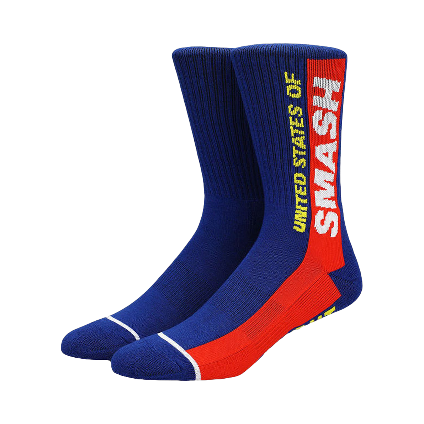 Pair of blue crew socks with a red and yellow 'United States of Smash' graphic. All Might themed.
