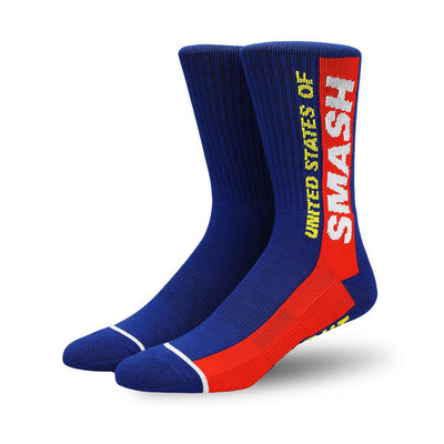 my hero academia all might blue crew socks with red and white stripe, featuring bold yellow "smash" lettering  