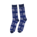 Pair of blue The Office socks with repeated Dunder Mifflin Paper Company logo.