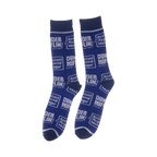 Pair of blue The Office socks with repeated Dunder Mifflin Paper Company logo.