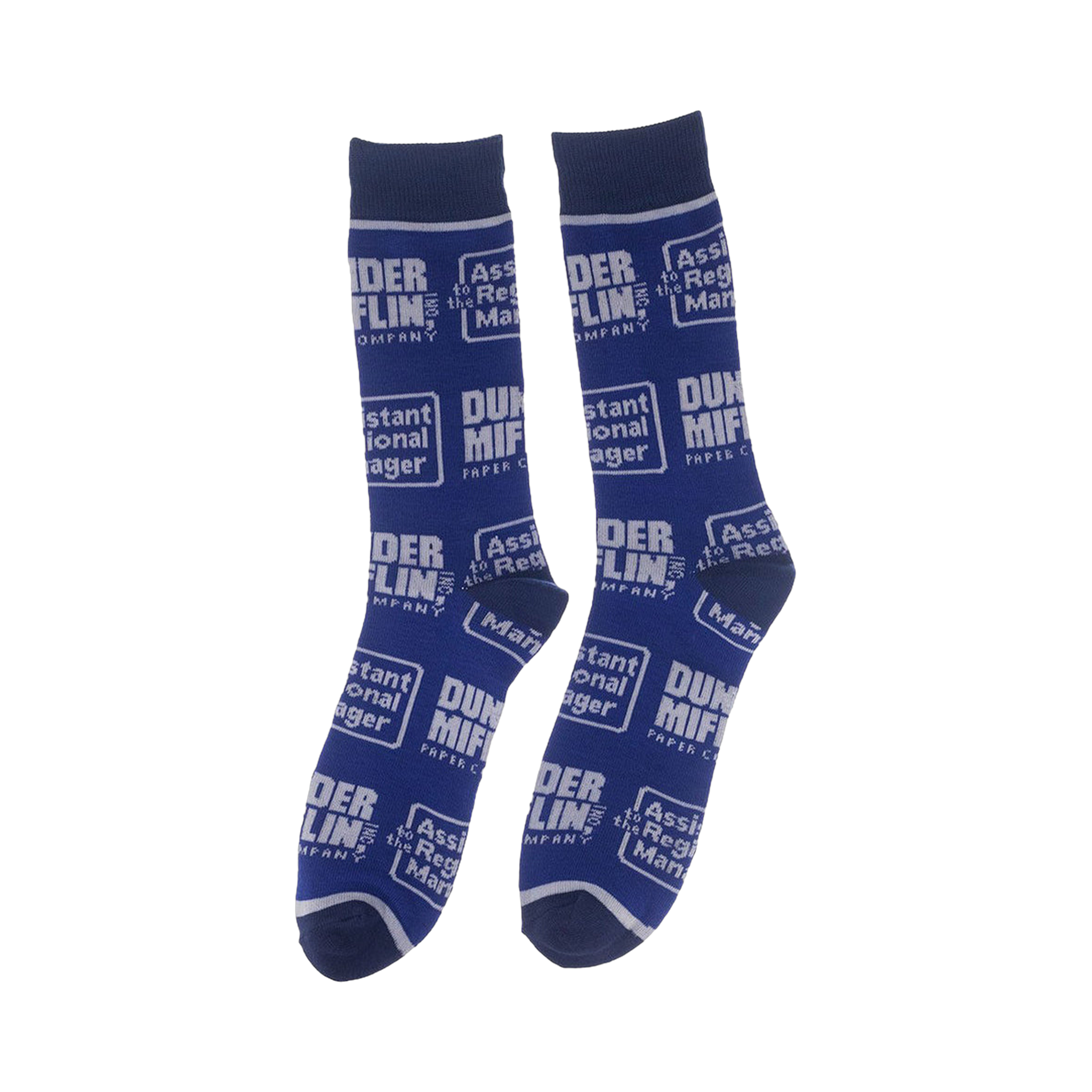 Pair of blue The Office socks with repeated Dunder Mifflin Paper Company logo.