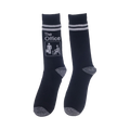 Close-up of a pair of navy blue socks with The Office logo and white stripes.