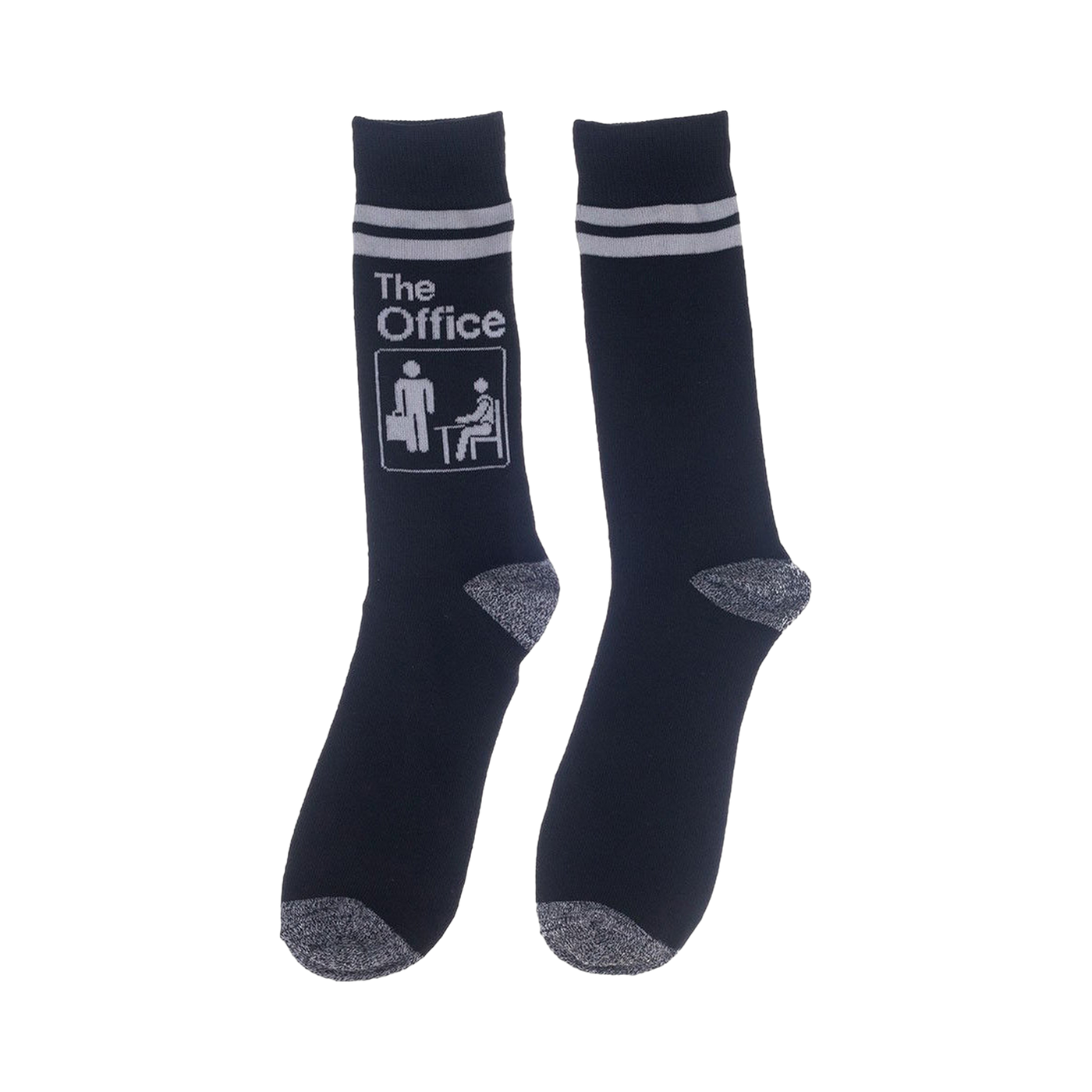 Close-up of a pair of navy blue socks with The Office logo and white stripes.