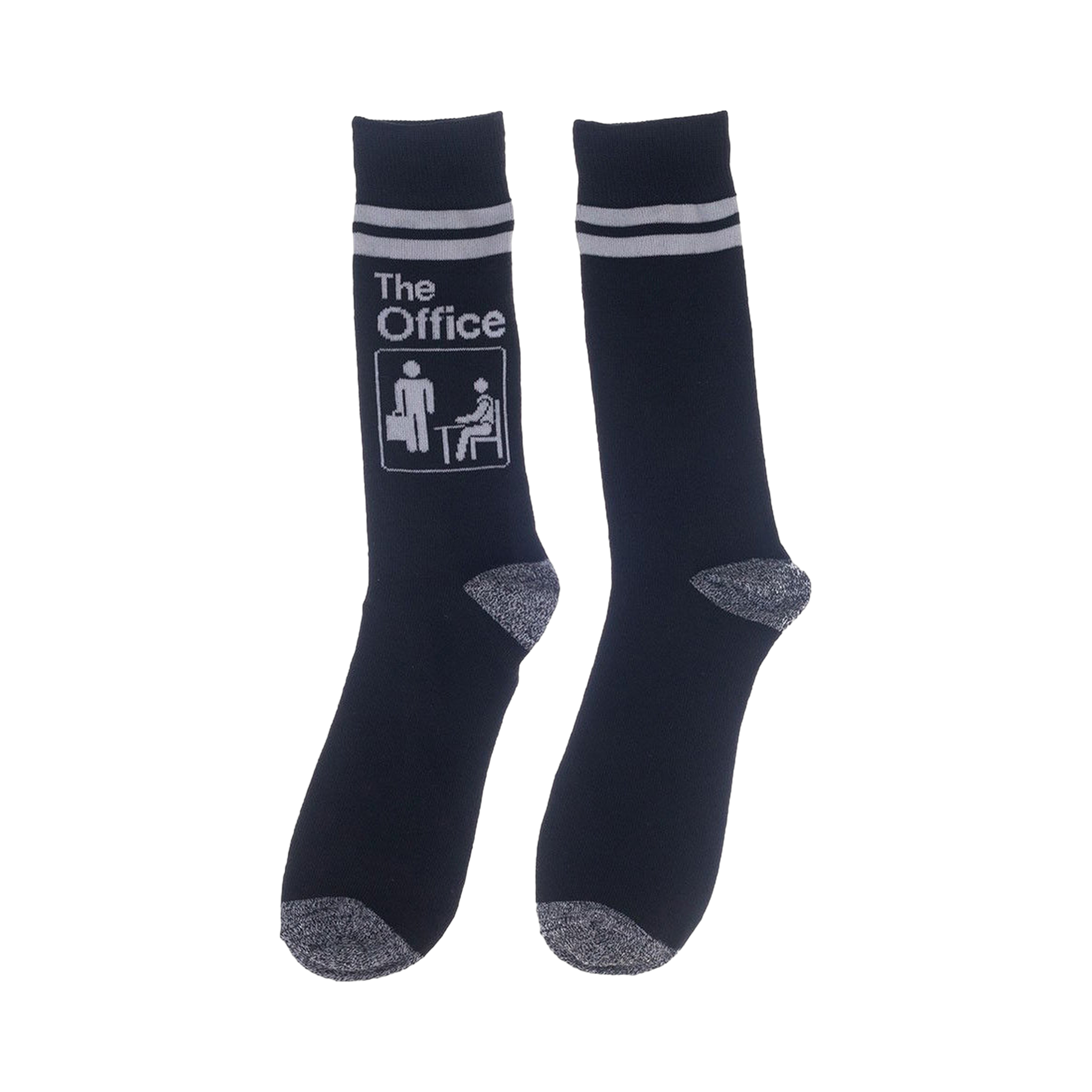 Close-up of a pair of navy blue socks with The Office logo and white stripes.