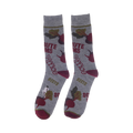 Pair of gray crew socks featuring beets and "Bears. Beets. Battlestar Galactica."