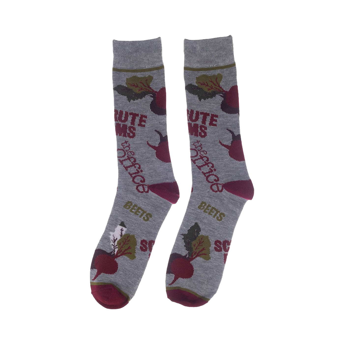 Pair of gray crew socks featuring beets and "Bears. Beets. Battlestar Galactica."