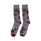 Pair of gray crew socks featuring beets and "Bears. Beets. Battlestar Galactica."