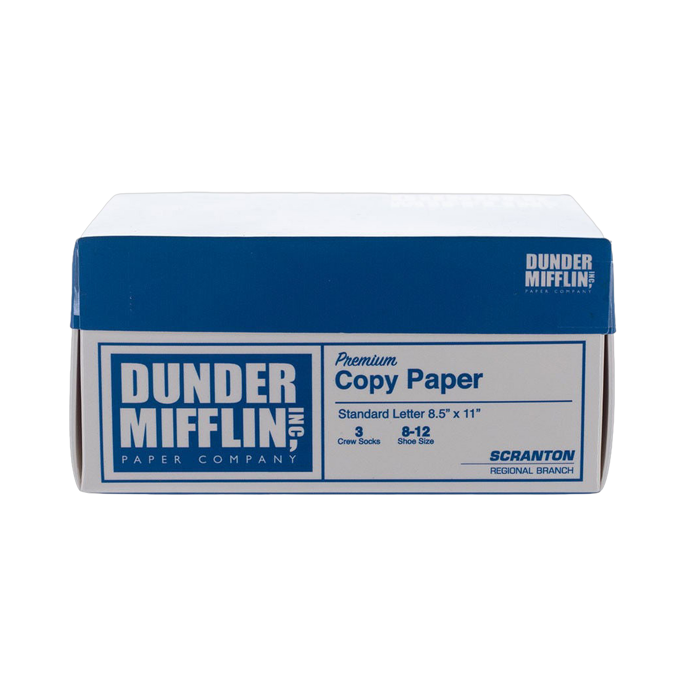Image of the socks' packaging; a Dunder Mifflin Paper Company box.