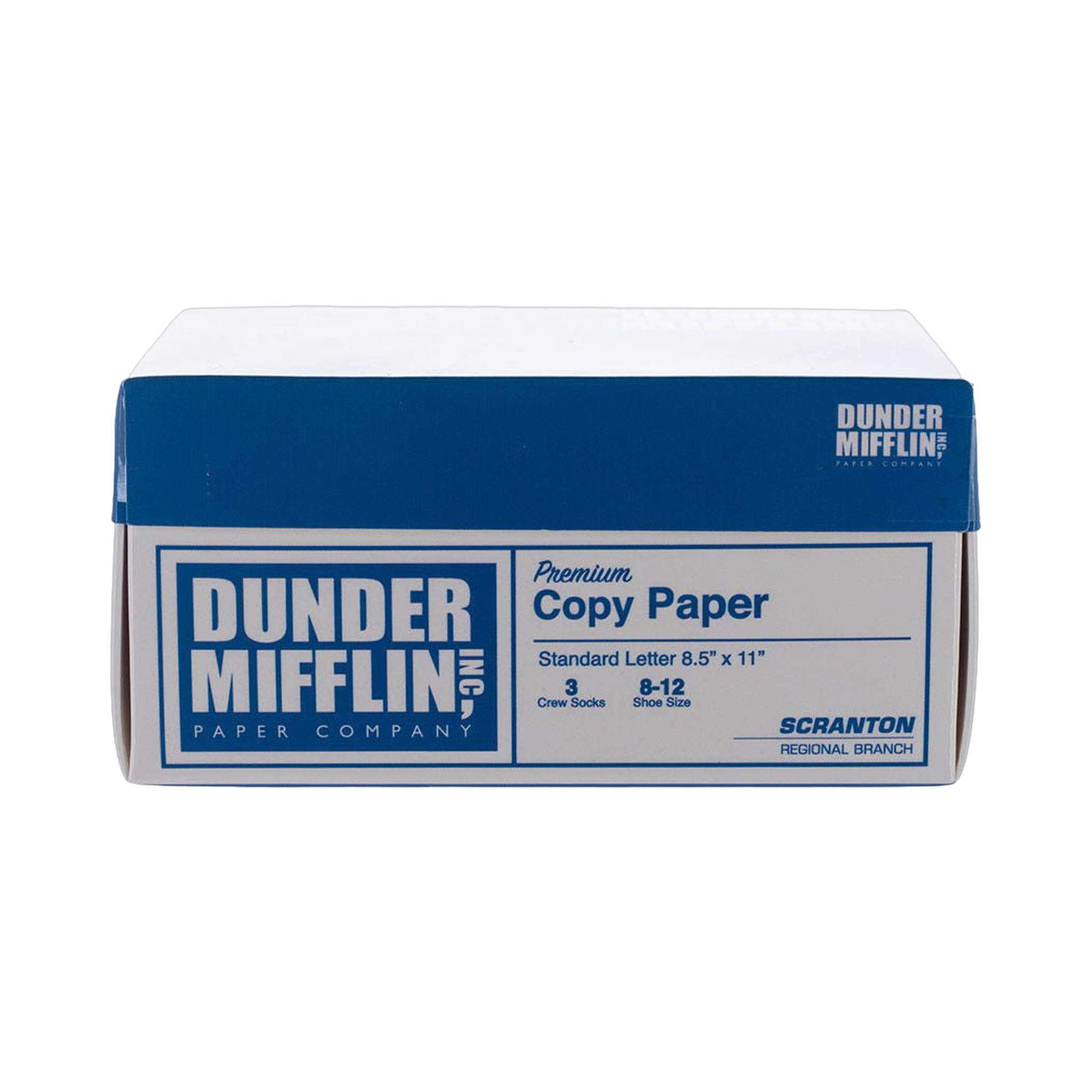 Image of the socks' packaging; a Dunder Mifflin Paper Company box.
