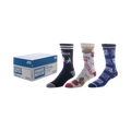Product shot of three pairs of The Office crew socks. One pair is navy blue with The Office logo, one is gray with beet designs, and one is blue with Dunder Mifflin branding.