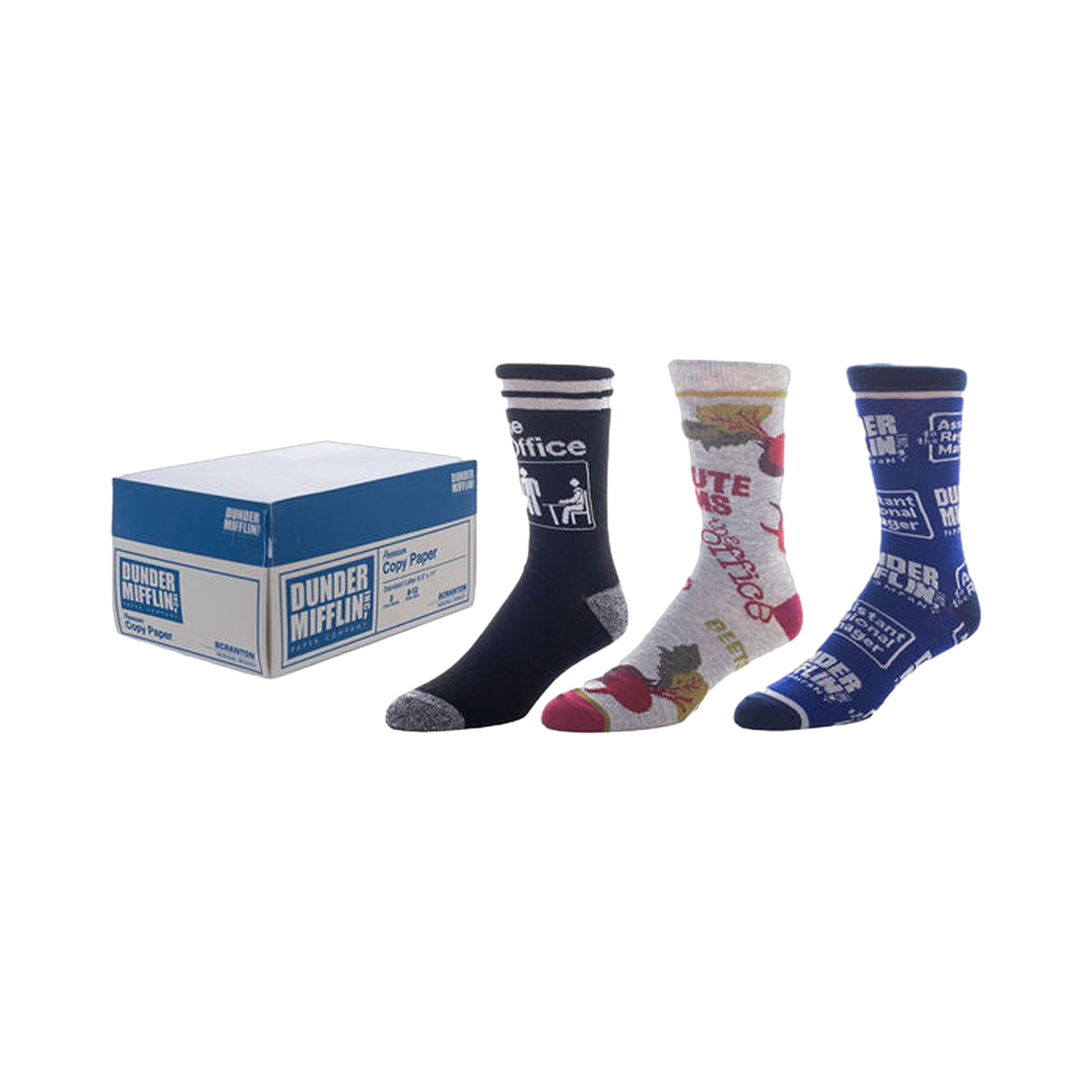 Product shot of three pairs of The Office crew socks. One pair is navy blue with The Office logo, one is gray with beet designs, and one is blue with Dunder Mifflin branding.