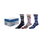 Product shot of three pairs of The Office crew socks. One pair is navy blue with The Office logo, one is gray with beet designs, and one is blue with Dunder Mifflin branding.