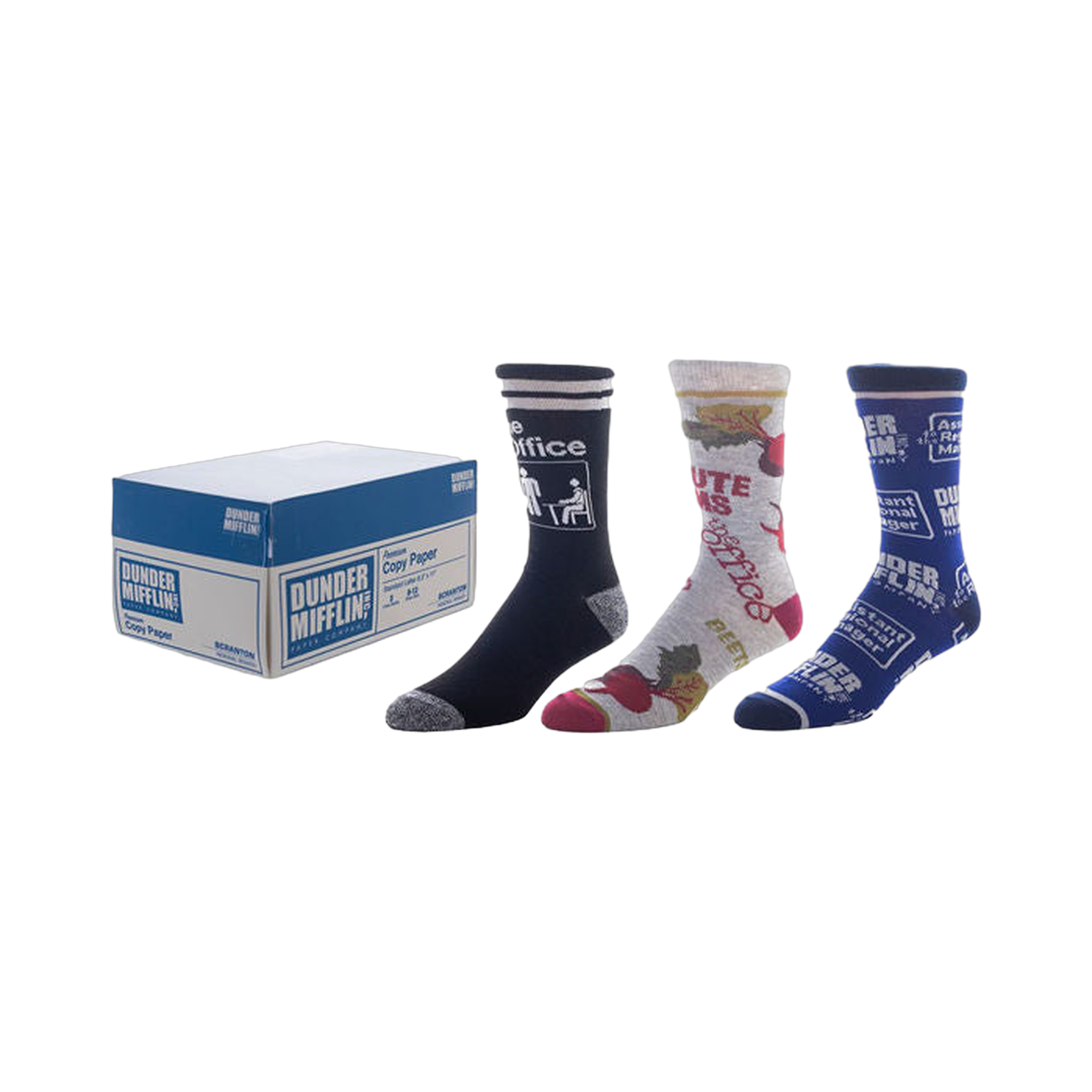 Product shot of three pairs of The Office crew socks. One pair is navy blue with The Office logo, one is gray with beet designs, and one is blue with Dunder Mifflin branding.