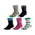 Five pairs of crew socks in Friends-themed designs: gray with the show's logo, black with 'How You Doin'', pink with lobsters, and cream/green with Central Perk.