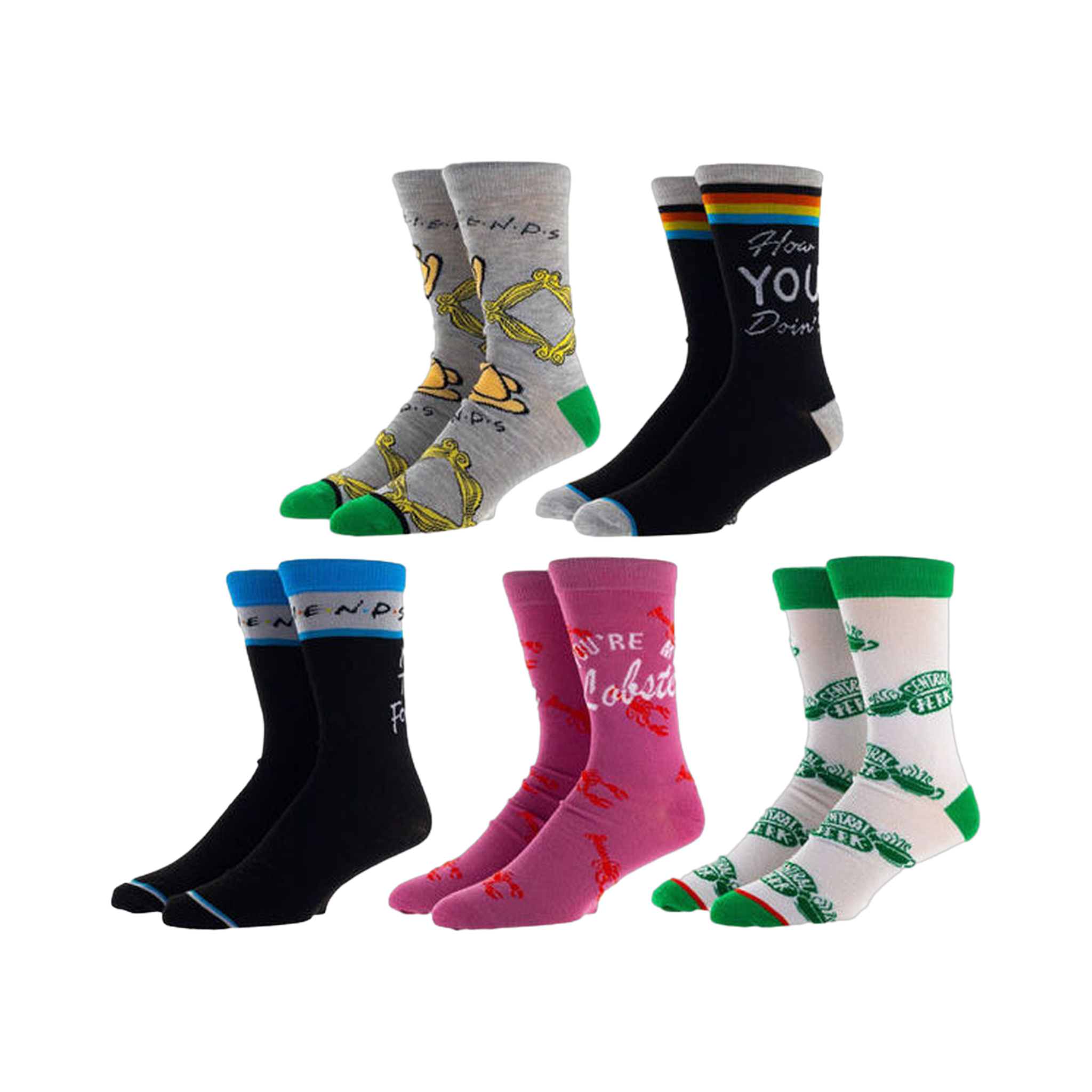 Five pairs of crew socks in Friends-themed designs: gray with the show's logo, black with 'How You Doin'', pink with lobsters, and cream/green with Central Perk.