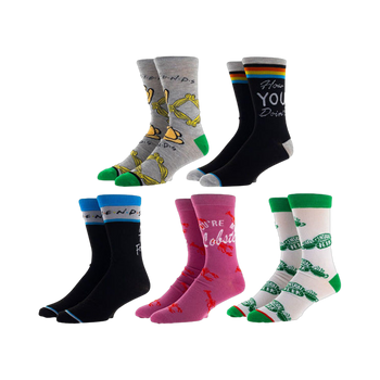 Five pairs of crew socks in Friends-themed designs: gray with the show's logo, black with 'How You Doin'', pink with lobsters, and cream/green with Central Perk.