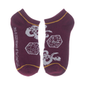 Close-up of a pair of burgundy D&D socks with dice and logo details.