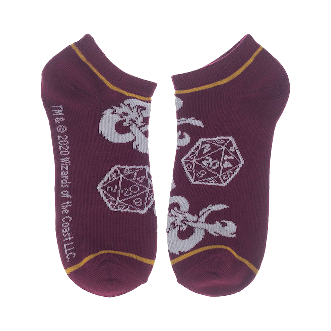 Close-up of a pair of burgundy D&D socks with dice and logo details.
