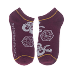Close-up of a pair of burgundy D&D socks with dice and logo details.