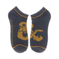 Close-up of a pair of gray D&D socks featuring the iconic Dungeons & Dragons logo.
