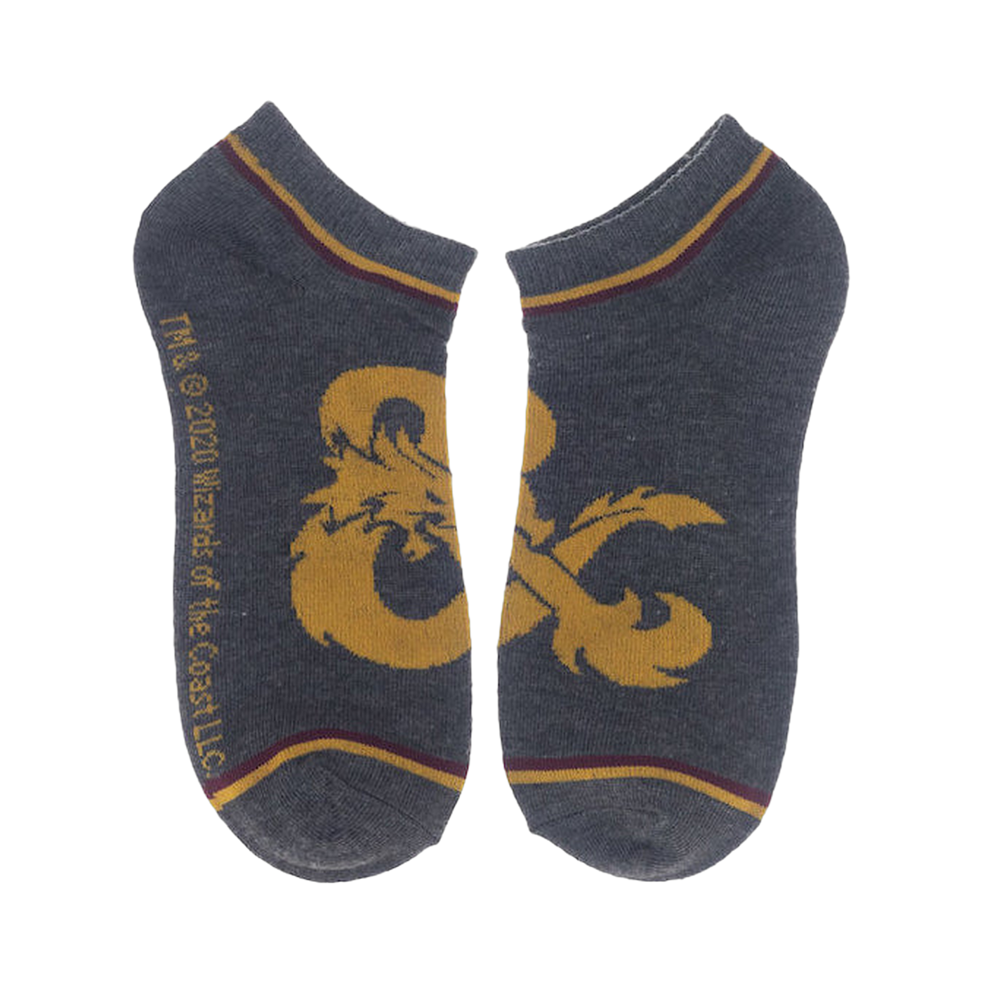 Close-up of a pair of gray D&D socks featuring the iconic Dungeons & Dragons logo.