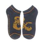 Close-up of a pair of gray D&D socks featuring the iconic Dungeons & Dragons logo.
