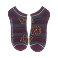 Close-up of burgundy and gray striped socks with D20 images.