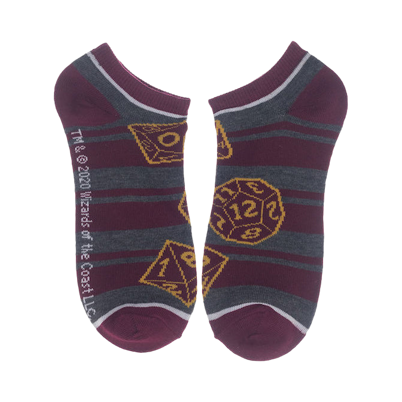 Close-up of burgundy and gray striped socks with D20 images.