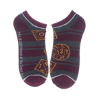 Close-up of burgundy and gray striped socks with D20 images.