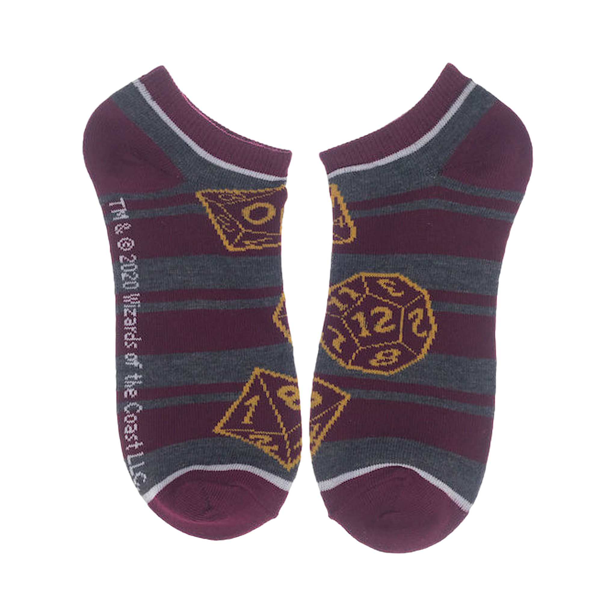 Close-up of burgundy and gray striped socks with D20 images.