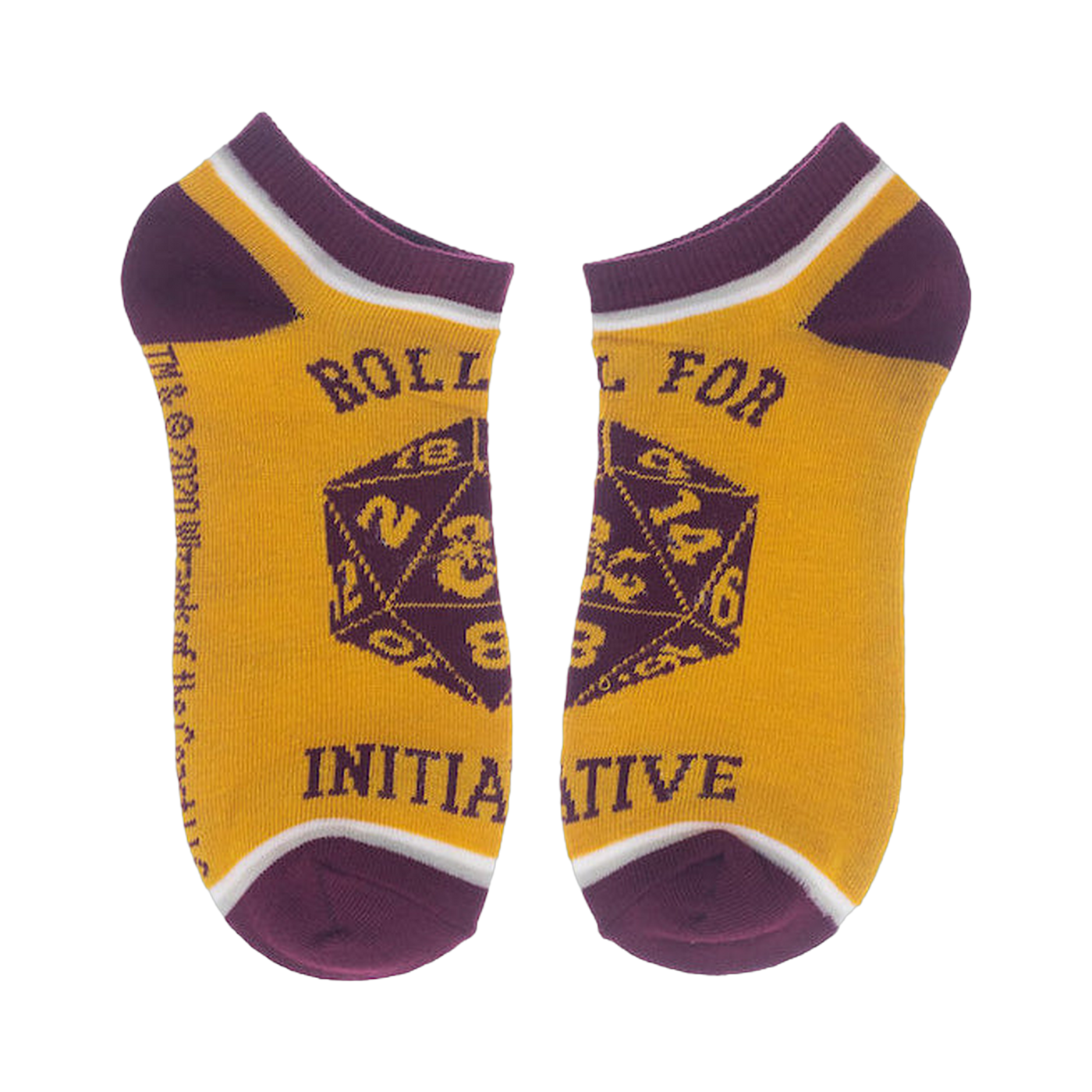 Close-up of a pair of gold D&D socks with 'Roll for Initiative' and a D20.