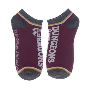 A pair of maroon socks with the word 